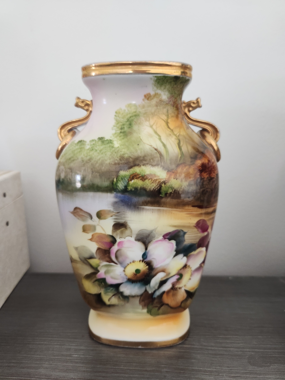 Noritake Morimura Antique Hand Painted Vase Urn Gilded Accents Flower Lake Scene